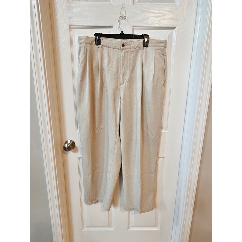 Tommy Bahama 100% Silk Trousers Mens 38 Beige Pleated Casual Pants 28.5 Inseam